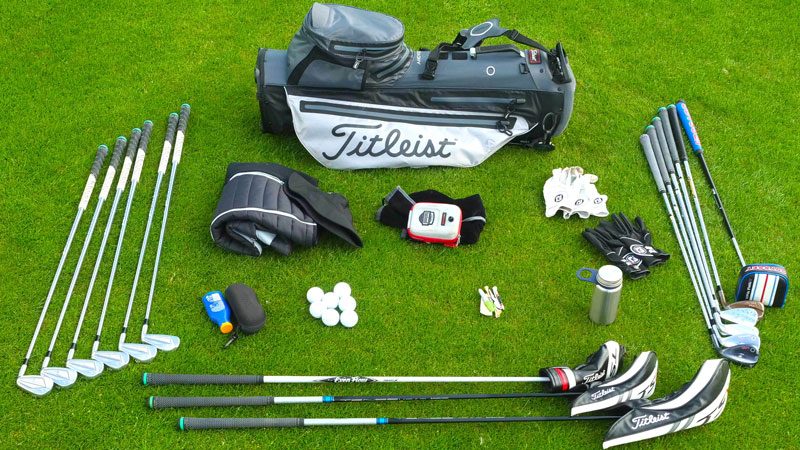 clubs and accessories in a golf bag